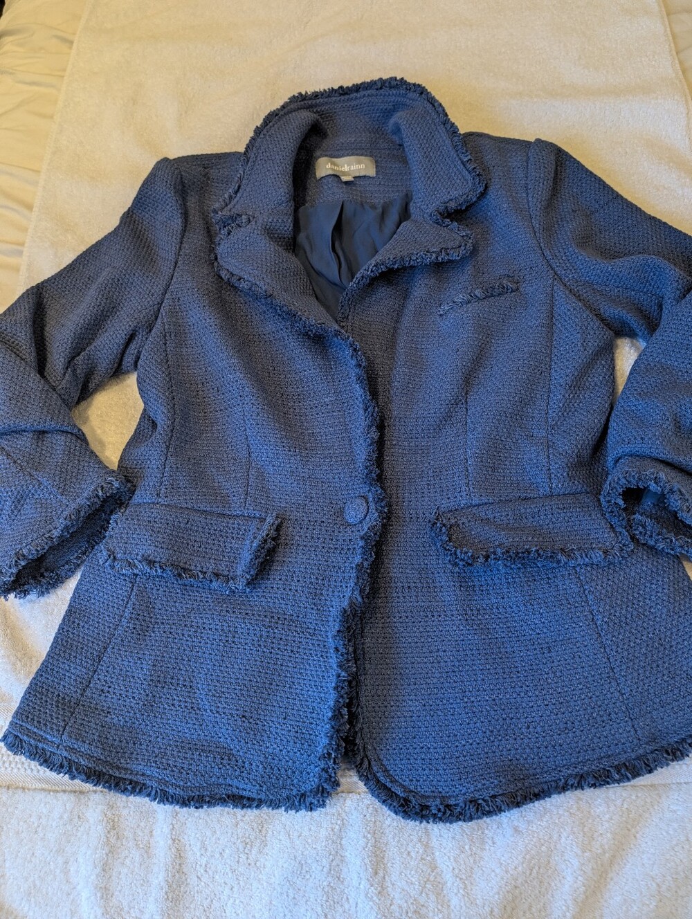 Daniel Rainn Blue Tweed Fringe Blazer Jacket Heavy Knit Raw Hem Old Money Career